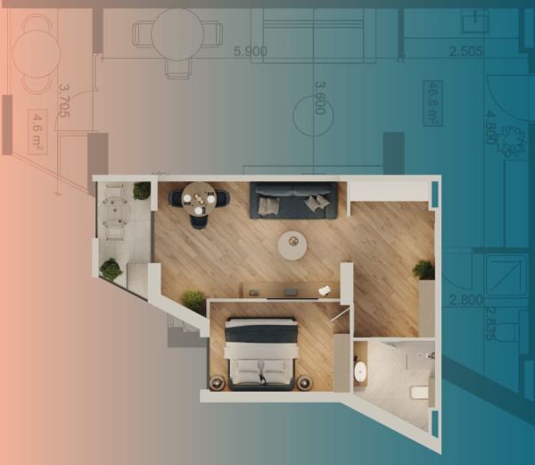 Квартира 1+1 51.4 м² с видом на море